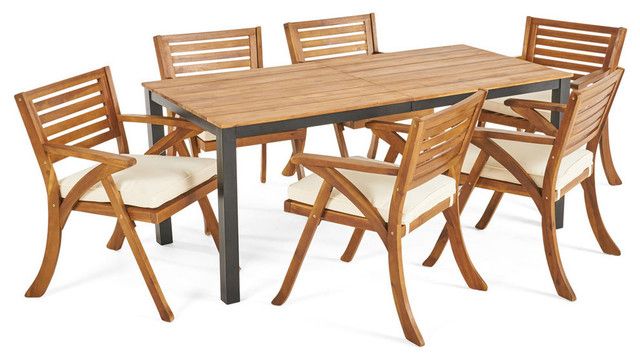 Gdf Studio 7-Piece Nora Outdoor Acacia Wood Dining Set, Teak Finish ... with regard to Outdoor Living Redefined Exploring the Versatility of Acacia Wood Seating