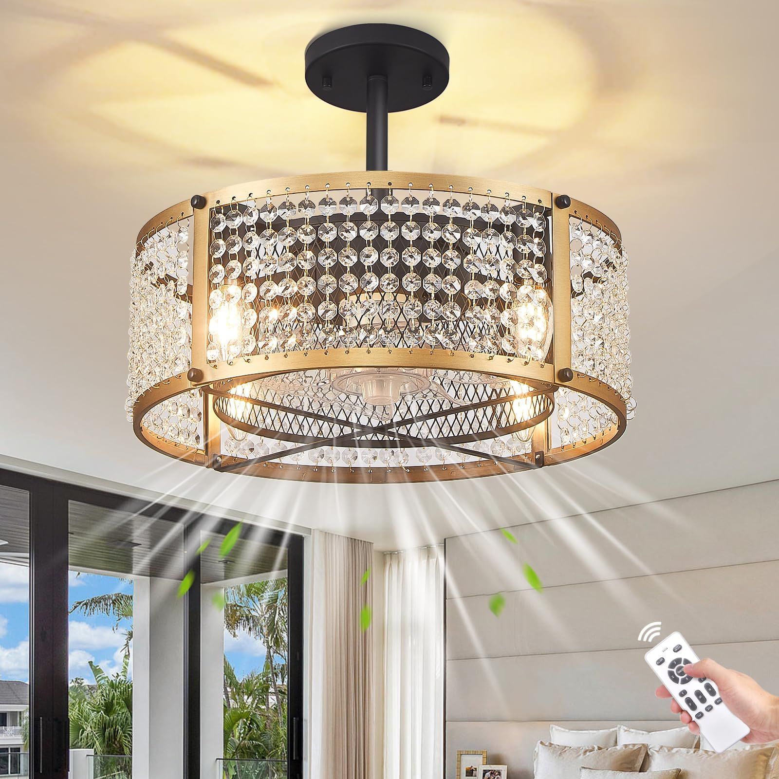 Gdlt 18" Crystal Caged Ceiling Fan With Light Remote, 4-Light Crystal ... for Style and Functionality The Complete Guide to 22 in Indoor Brass Gold Crystal Caged Ceiling Fan Chandeliers