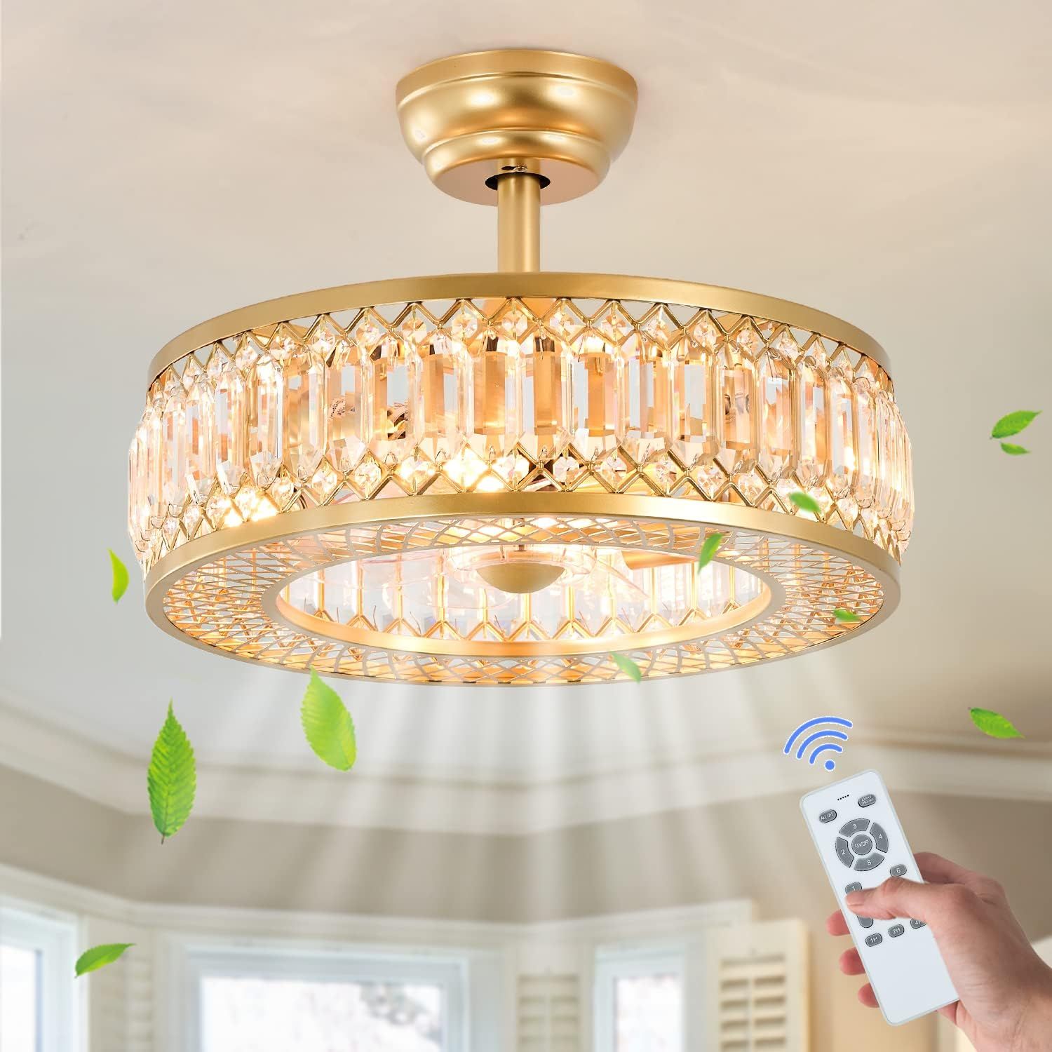 Gdlt 18" Crystal Caged Ceiling Fan With Light Remote, 4-Light Crystal ... throughout 22 In Indoor Brass Gold Crystal Caged Ceiling Fan Chandelier With Remote