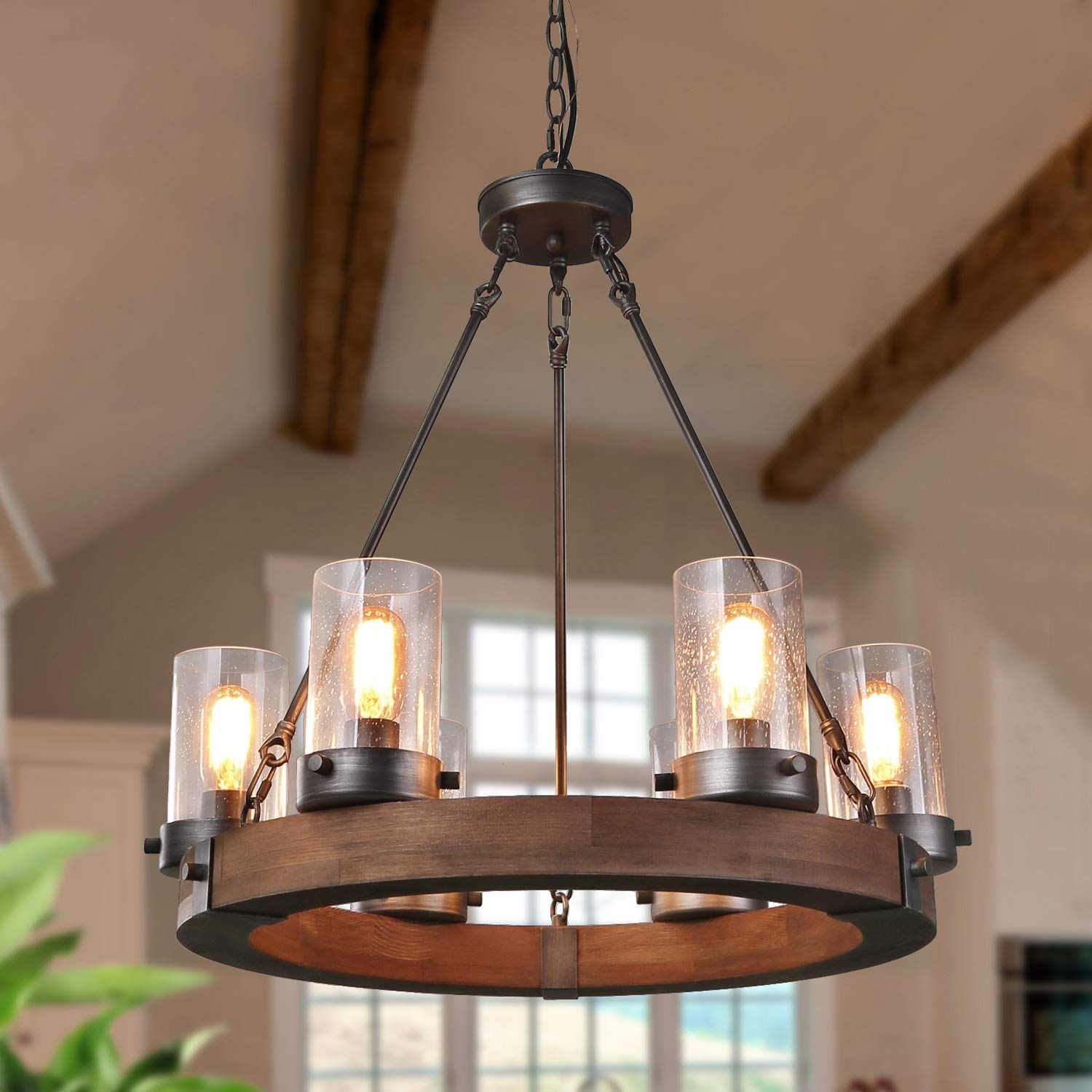 Gepow Farmhouse Wood Chandelier, Round Wagon Wheel Light Fixture With ... with regard to Wagon Wheel 8-Light Outdoor Round Chandelier In English Bronze Clear Cylinder