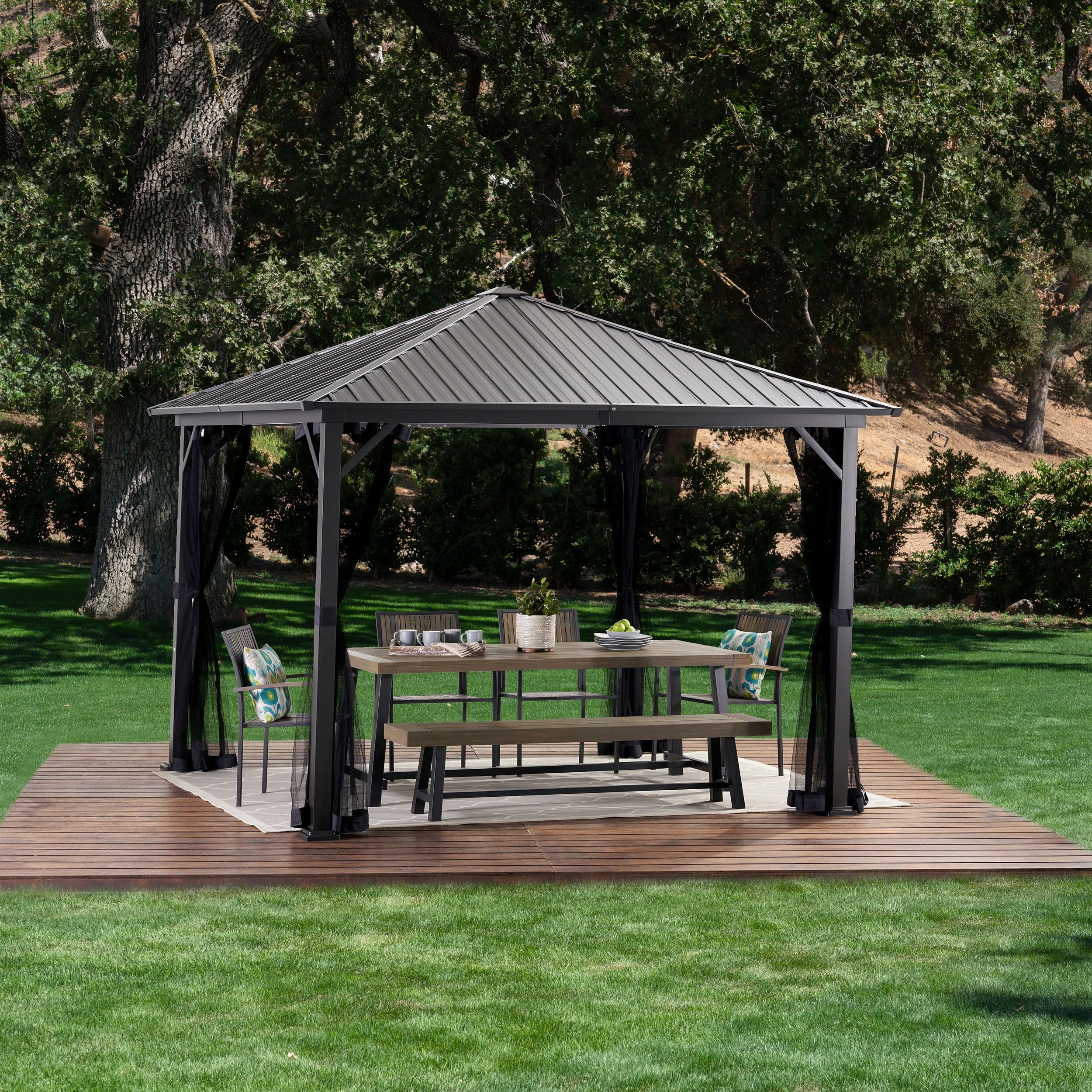 Gizella Outdoor 10' X 10' Modern Aluminum Hardtop Gazebo, Black ... for Hardtop Aluminum Patio Gazebo