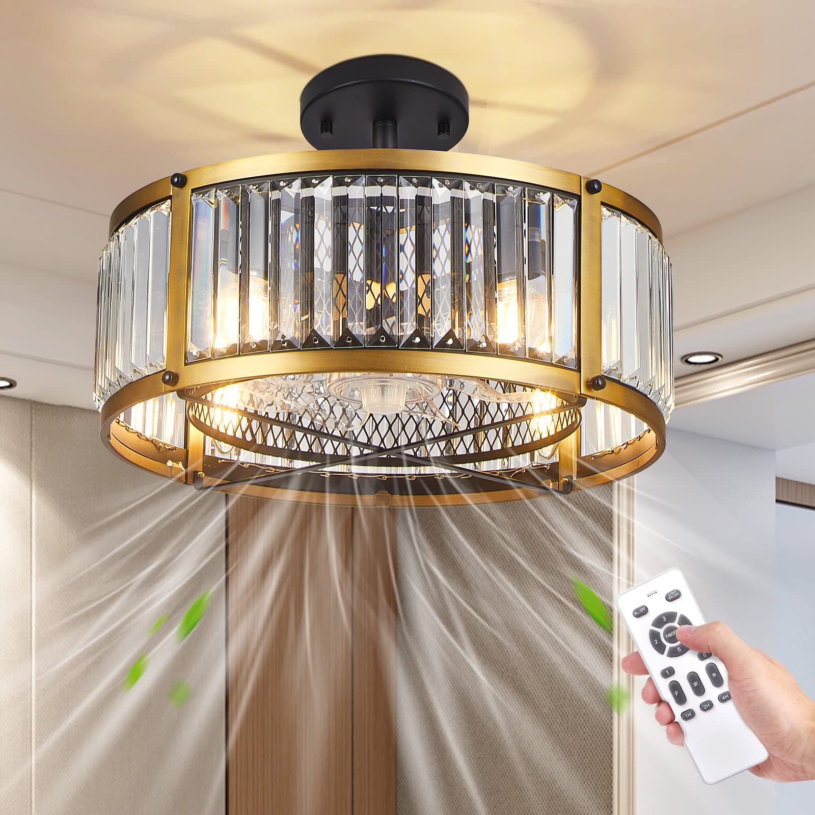 Gold Colored Ceiling Fans with 18" Caged Crystal Ceiling Fan With Light Kit And Remote Control, Gold