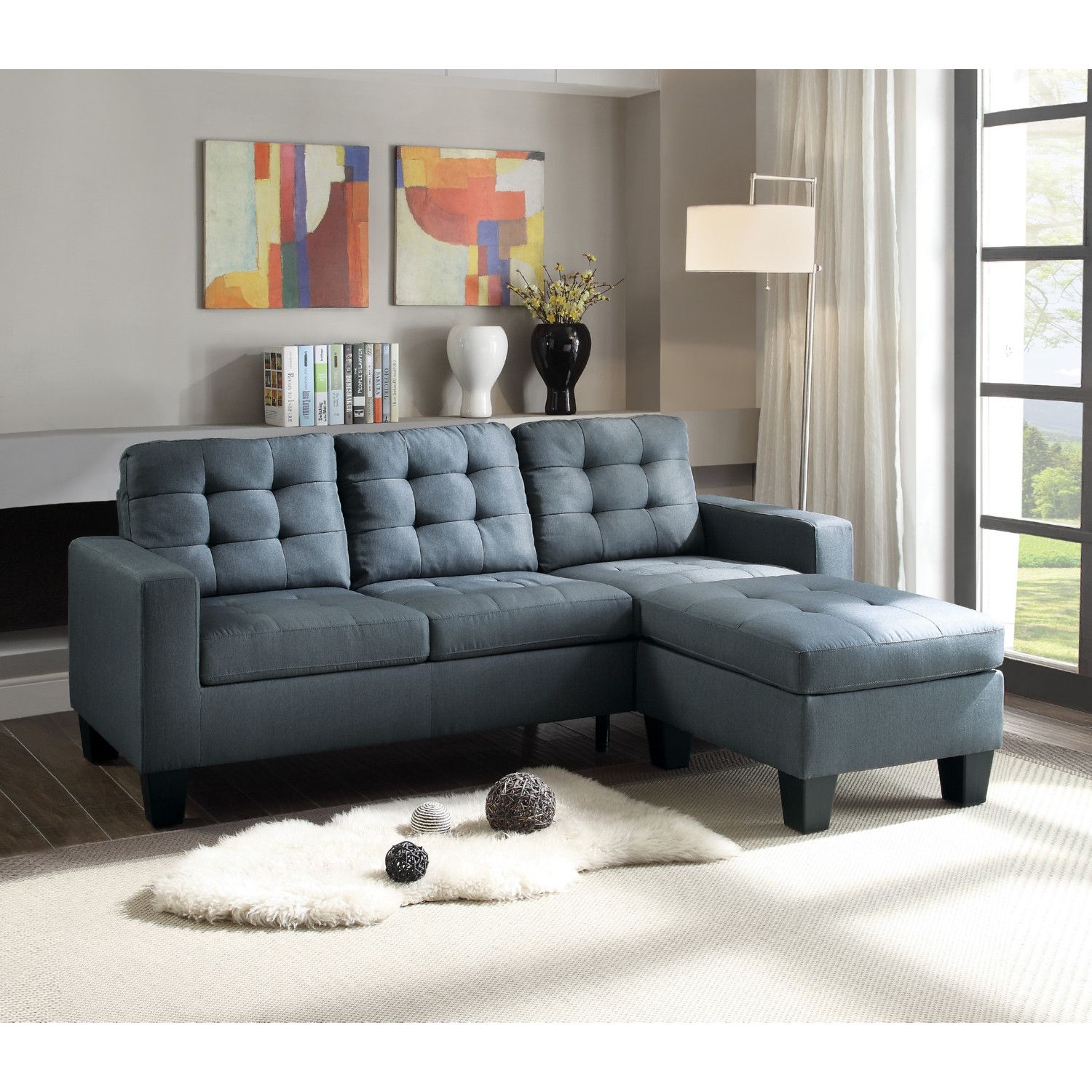 Grey Tufted Sectional Sofa | Baci Living Room with Acme Dalya Sofa, Gray Linen