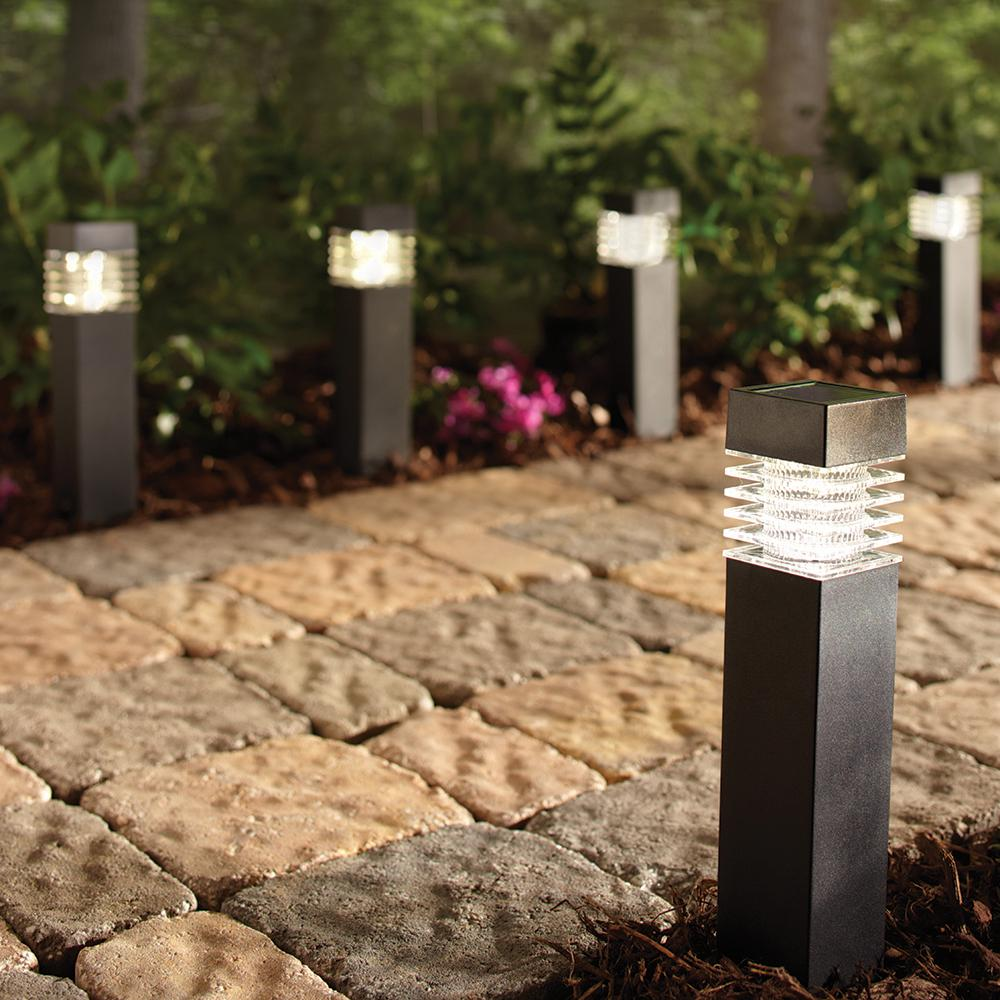 Hampton Bay Solar Black Outdoor Integrated Led Landscape Plastic Square ... in 6' Solar Patio Lights, Black Wire Frames, Round/Oval