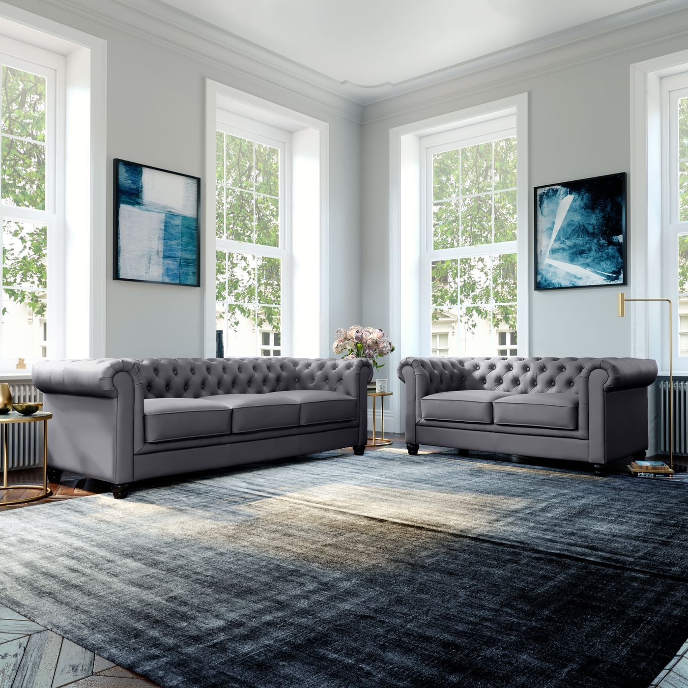 Hampton Grey Leather 3+2 Seater Chesterfield Sofa Set | Furniture Choice regarding Grey Matters Choosing the Perfect Sofa for Your Living Space