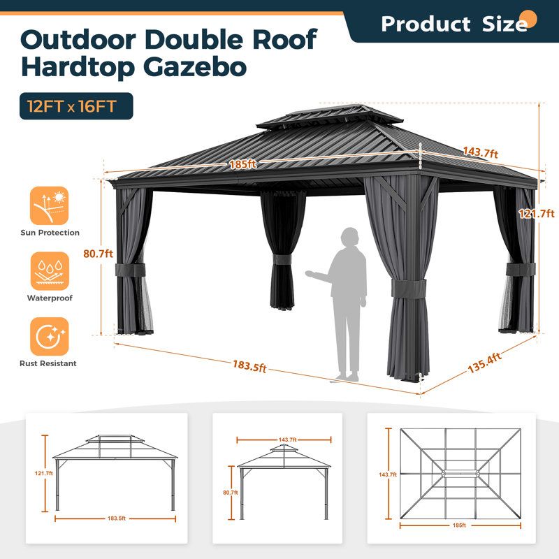 Happatio 12 Ft. W X 16 Ft. D Hardtop Double-Roofed Aluminum Patio ... intended for Maximizing Space and Style with a 12x16 Gazebo Design Ideas