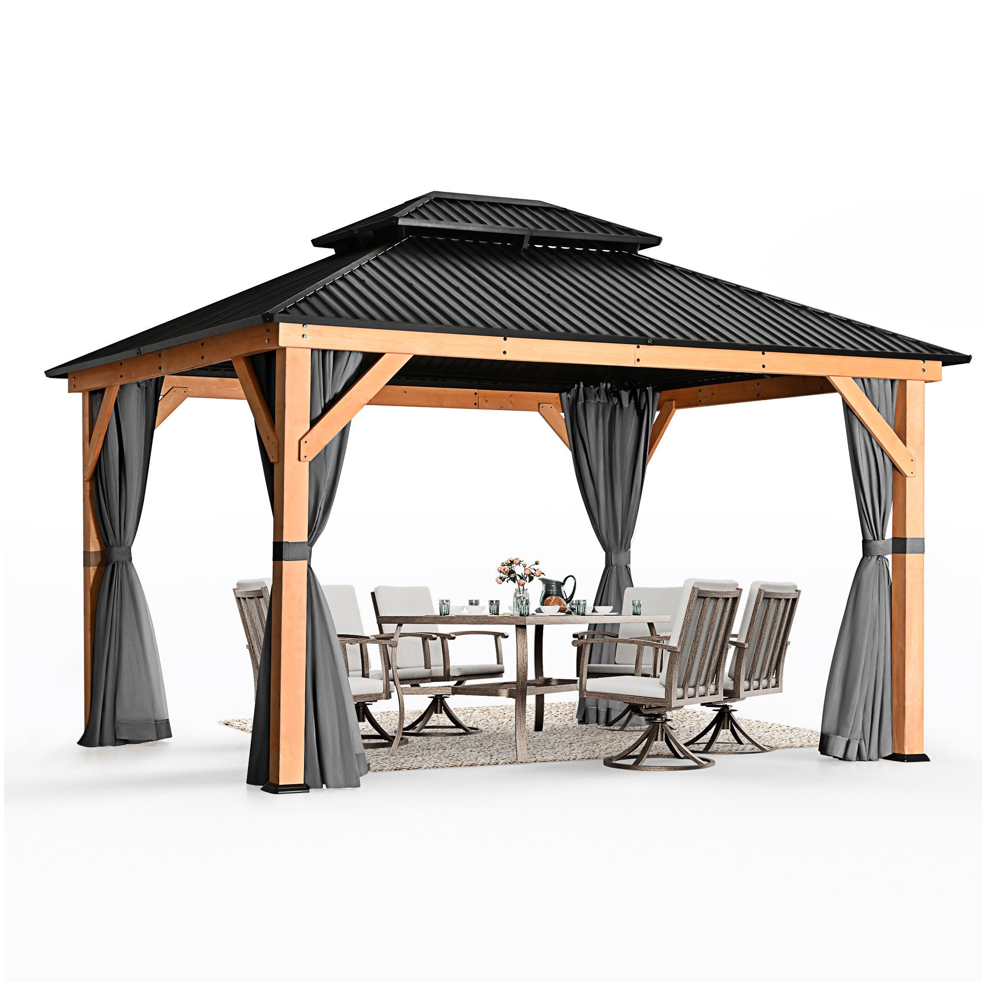 Happatio 13 Ft. W X 11 Ft. D Solid Wood Patio Gazebo & Reviews | Wayfair throughout 13 Ft. W X 11 Ft. D Solid Wood Outdoor Hard Top Patio Gazebo With Mosquito Netting