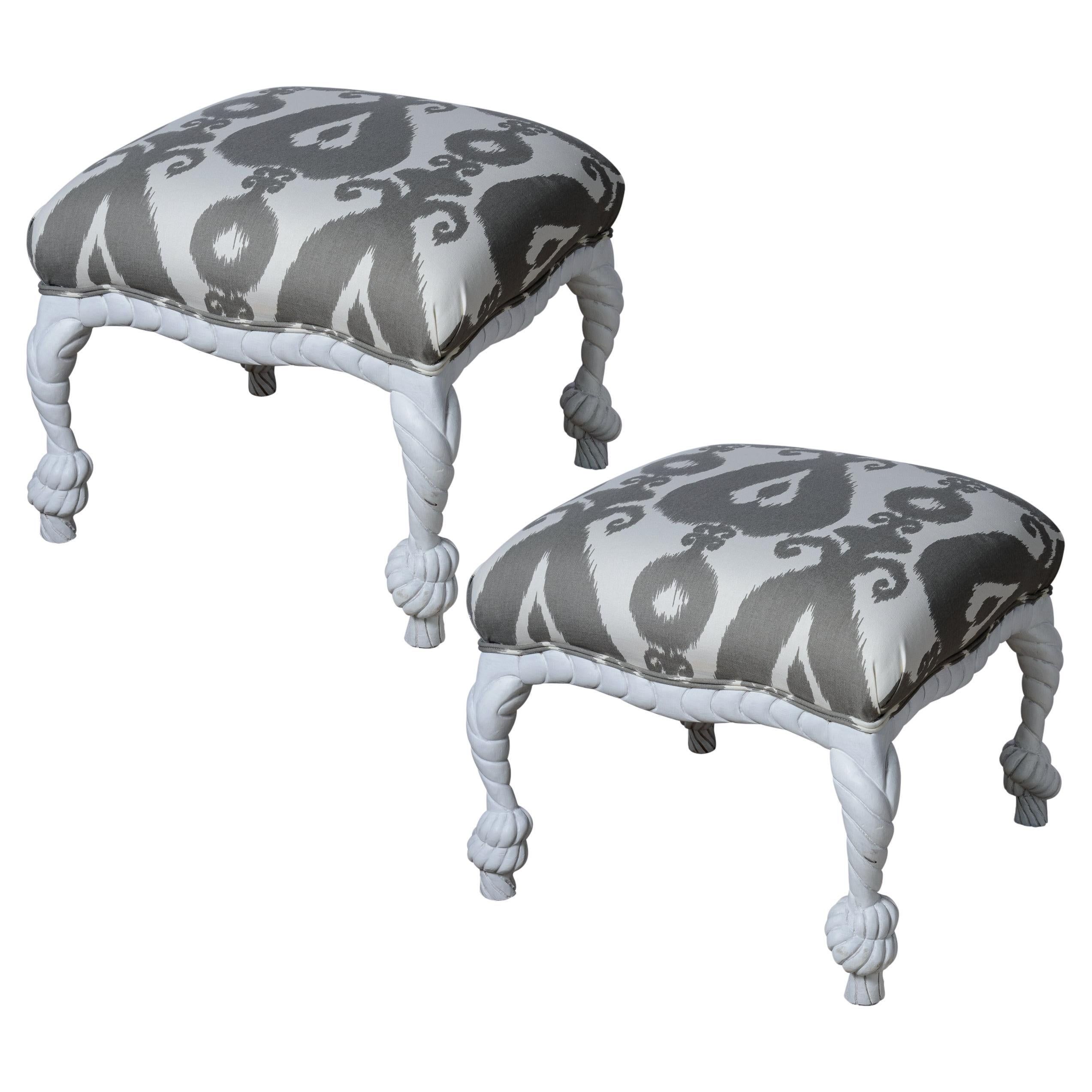Hollywood Regency Style Carved Wood Faux Rope Frame Ottomans, A-Pair ... inside Capri Ottoman/ Gray Rope Grey Rope Frame Ottoman