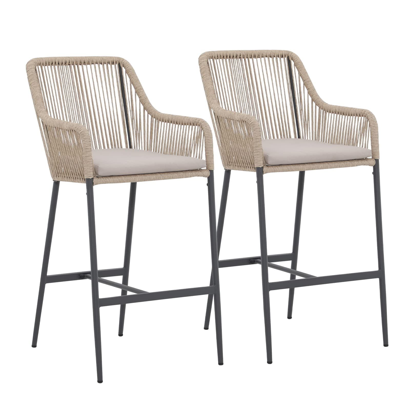 Joivi 2-Piece Outdoor Wicker Bar Stools For Patio With Cushions, All ... intended for Beyond the Basics Understanding Lisa Wicker Barstool Materials and Design