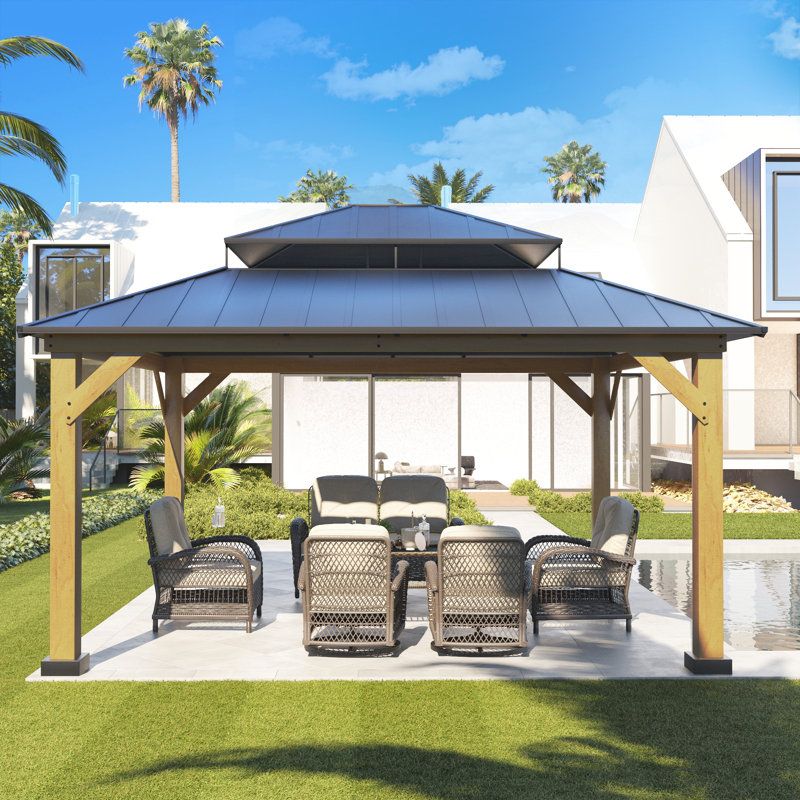 Joyside 13 Ft. W X 11 Ft. D Solid Wood Patio Gazebo With Mosquito ... in 13 Ft. W X 11 Ft. D Solid Wood Outdoor Hard Top Patio Gazebo With Mosquito Netting