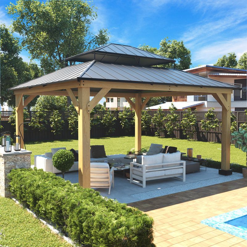 Joyside 13 Ft. W X 11 Ft. D Solid Wood Patio Gazebo With Mosquito ... inside 13 Ft. W X 11 Ft. D Solid Wood Outdoor Hard Top Patio Gazebo With Mosquito Netting