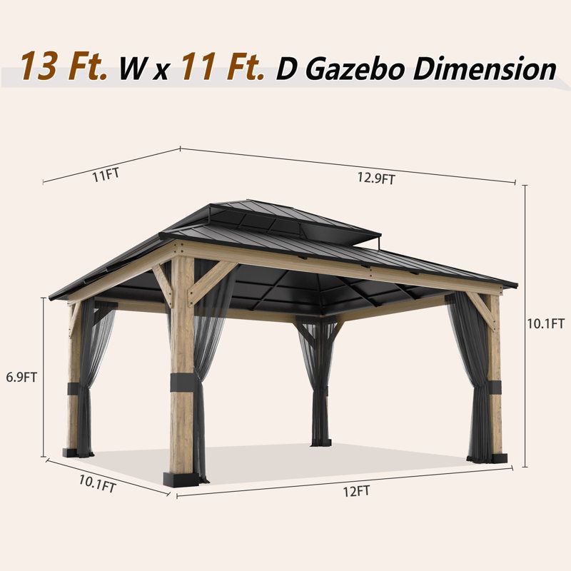 Joyside 13 Ft. W X 11 Ft. D Solid Wood Patio Gazebo With Mosquito ... regarding 13 Ft. W X 11 Ft. D Solid Wood Outdoor Hard Top Patio Gazebo With Mosquito Netting
