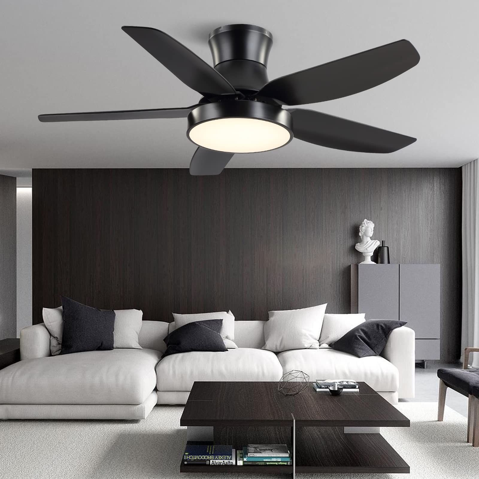 Kapoefan 46'' Black Flush Mount Ceiling Fan With Lights Remote Control, Modern Low Profile ... intended for 48 In. Black Industrial Flush Mounted Ceiling Fan With Remote Control, 5 Blades