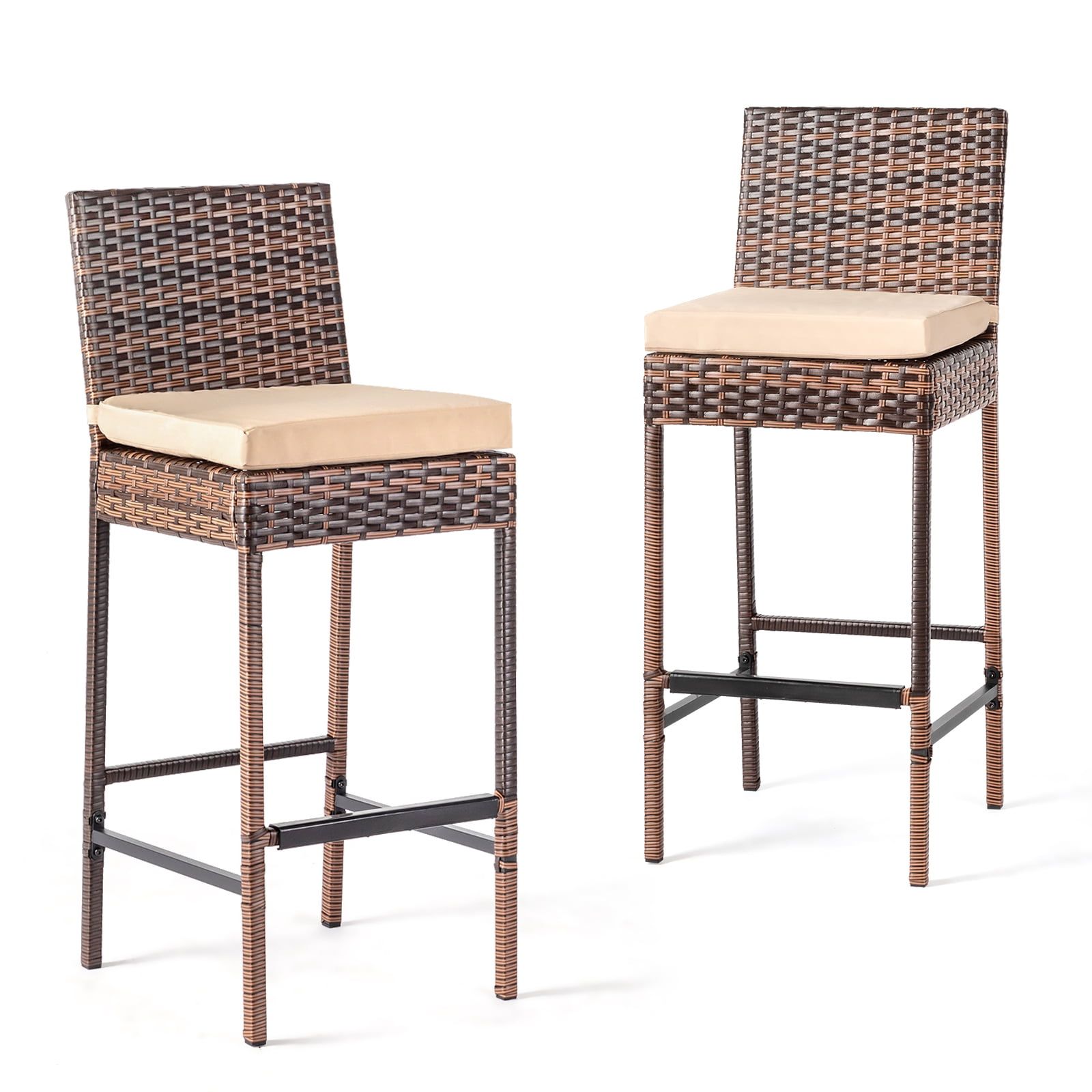 Ktaxon Set Of 2 Outdoor High Patio Wicker Barstools With Cushions ... for Lisa Outdoor Wicker Barstools With Cushions, Set Of 2, Light Brown/Black/Beige