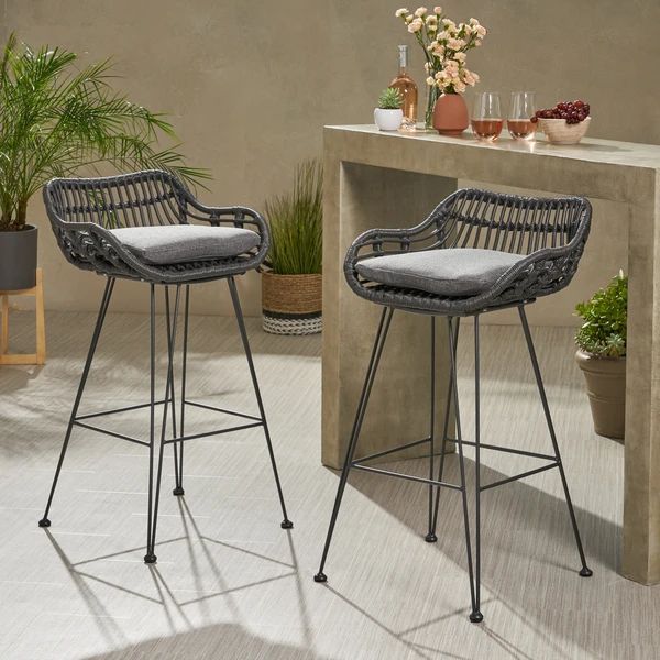 Lisa Outdoor Wicker Barstools With Cushions (Set Of 2) | Bar, Casas with regard to Lisa Outdoor Wicker Barstools With Cushions, Set Of 2, Light Brown/Black/Beige