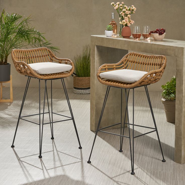 Lisa Outdoor Wicker Barstools With Cushions (Set Of 2) | Wicker Bar ... within Lisa Outdoor Wicker Barstools With Cushions, Set Of 2, Light Brown/Black/Beige