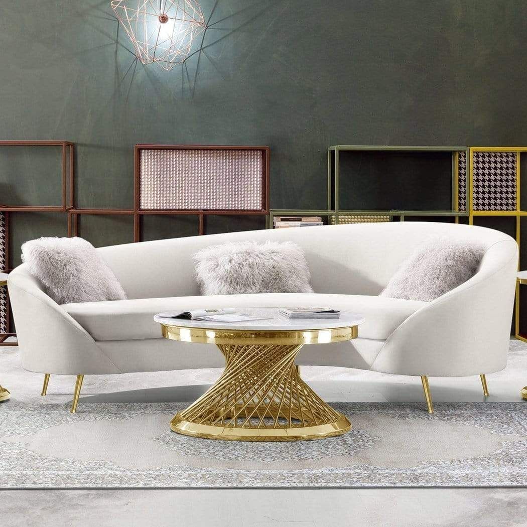 Loomlan Curved Sofa With Contoured Back In Light Cream Velvet And Gold ... with Elegant Sofa, Gold Legs & Tufted Velvet Seat With Curved Silhouette, Light Gray