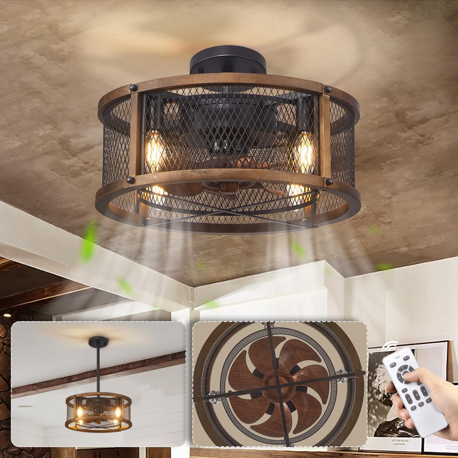 Low Profile Ceiling Fans With Lights, 17 Inch Farmhouse Caged Ceiling ... throughout Farmhouse Wood Metal Caged Ceiling Fan Reversible With Light And Remote Control, Bronze