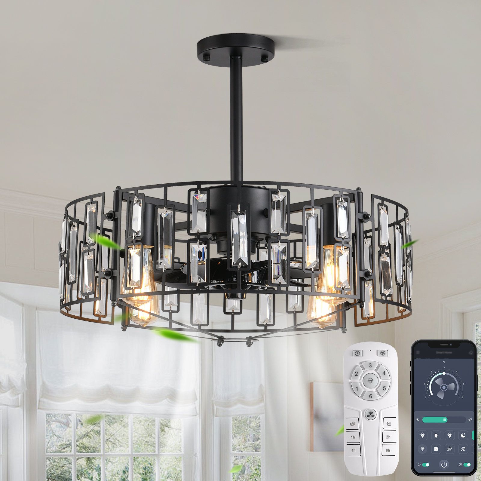 Mercer41 Boehme 19.68'' Crystal Caged Chandelier Ceiling Fan With Light ... intended for 20" Crystal Caged Chandelier Ceiling Fans With Light Kit And Remote Control, Black