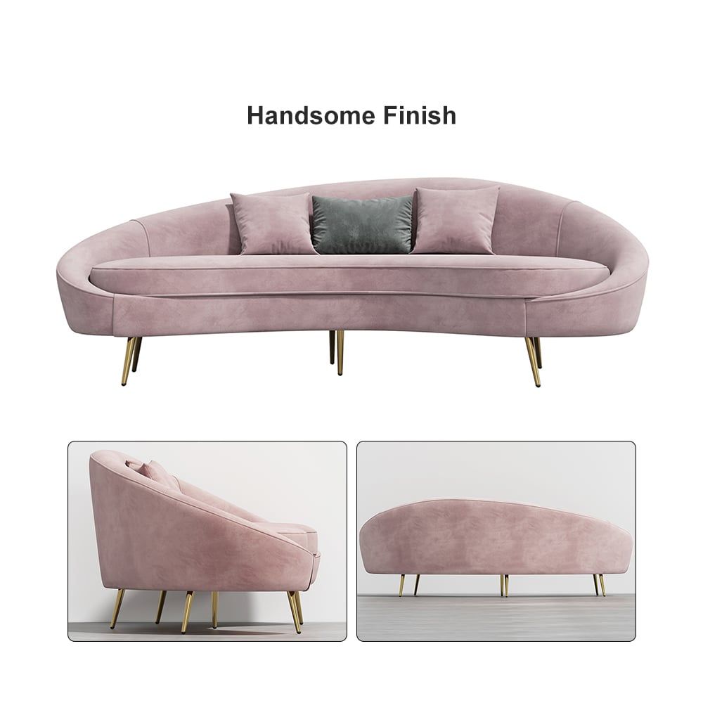 Modern 2100Mm Pink Velvet Curved Sofa 3-Seater Sofa Gold Toss Pillow ... for 88" Champagne Velvet Curved Floral Sofa And Toss Pillows