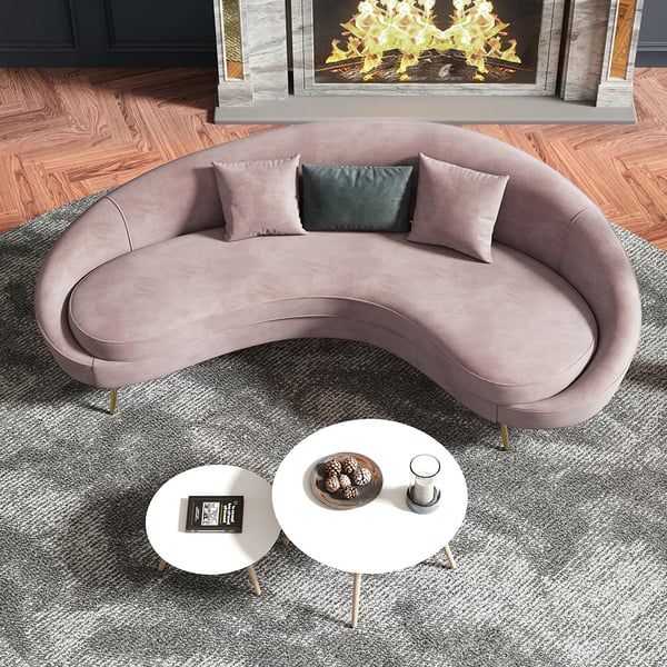 Modern 83" Pink Velvet Curved Sofa 3-Seater Sofa Gold Toss Pillow ... throughout 88" Champagne Velvet Curved Floral Sofa And Toss Pillows