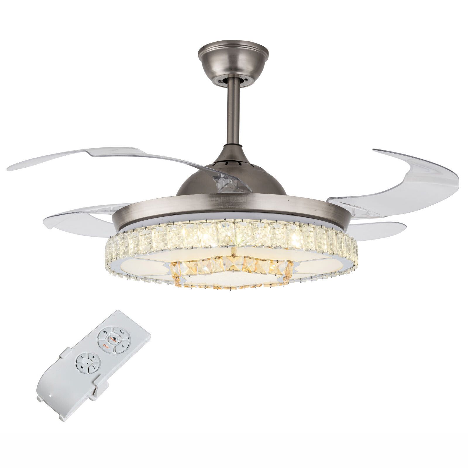 Modern Led Ceiling Fan 42 Retractable Blades Crystal Chandelier White | Shelly Lighting for 42 In Modern White Ceiling Fan With Retractable Blades