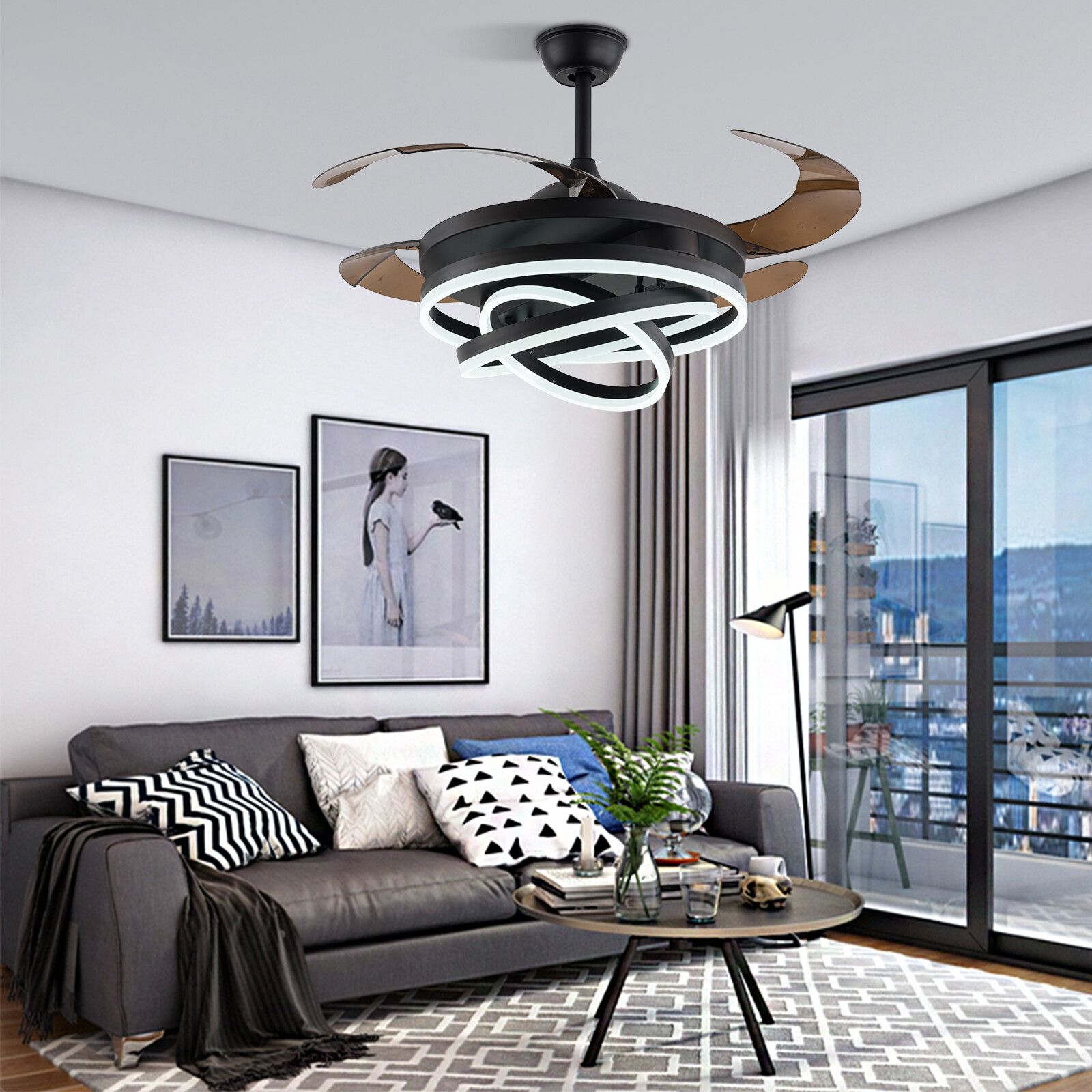 Modern Led Ceiling Fan 42 Retractable Blades Crystal Chandelier White | Shelly Lighting throughout 42 In Modern White Ceiling Fan With Retractable Blades