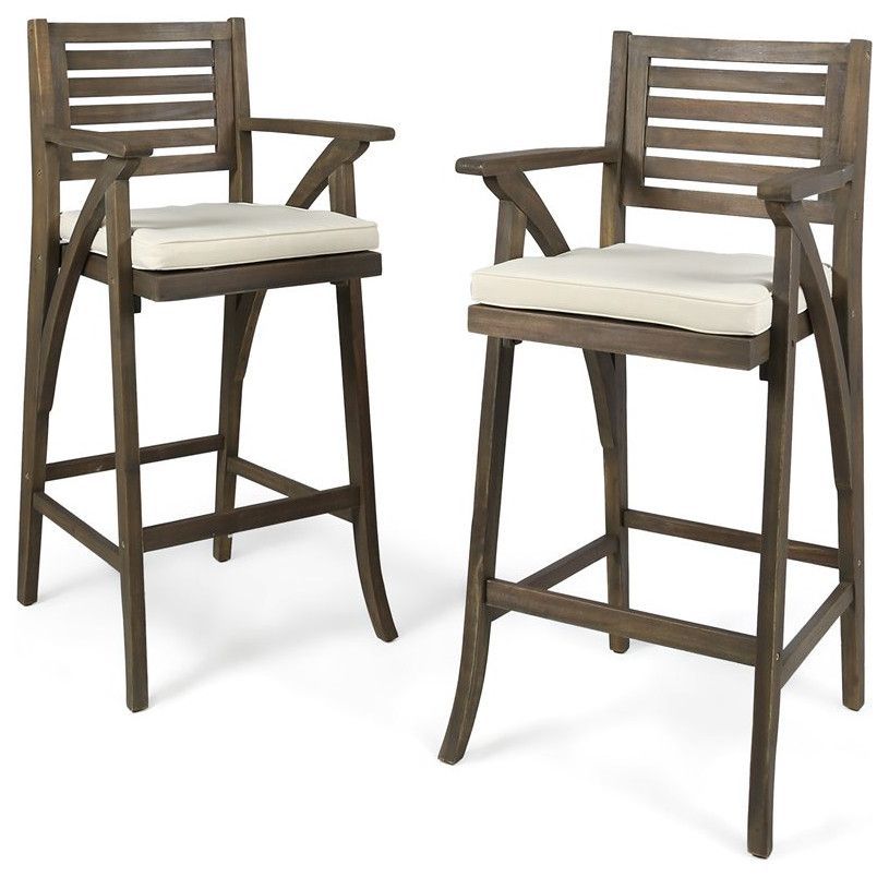 Noble House Hermosa Outdoor Acacia Wood Barstool (Set Of 2) Grey/Cream ... inside Santana Outdoor Acacia Wood Barstools With Outdoor Mesh, Set Of 2