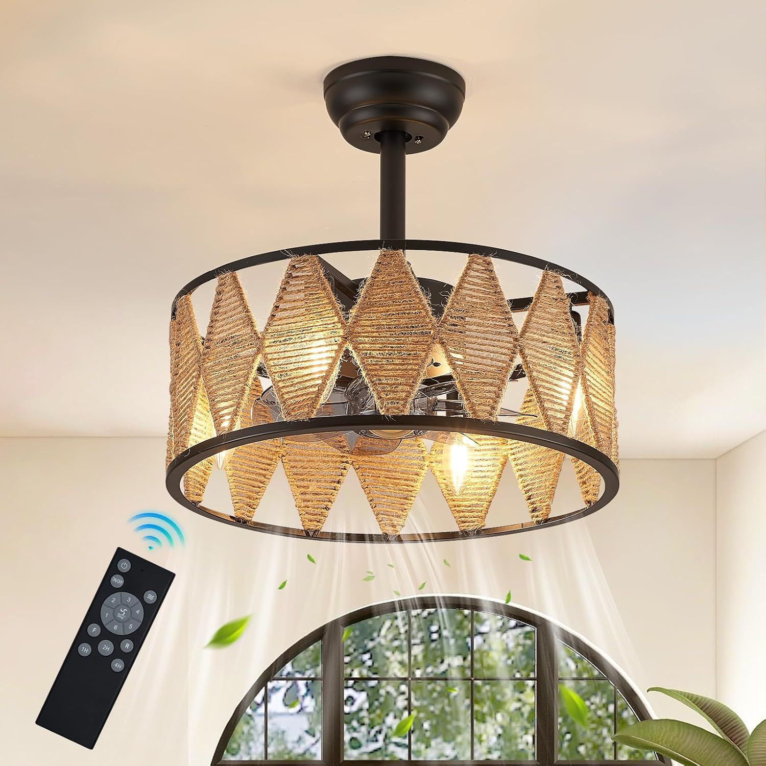 Ocwht Boho Ceiling Fan Fandeliers Ceiling Fans With Light Rattan Caged ... within 24-Inch Farmhouse Rattan Caged Fandelier Ceiling Fan With Remote, Orb