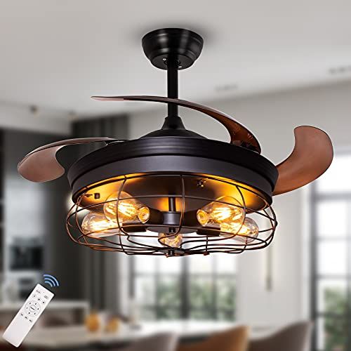 Ohniyou 42" Industrial Ceiling Fan With Lights Remote Control 5-Light Vintage Retractable Black ... in Installation Insights Making the Most of Your 48 in Black Industrial Fan
