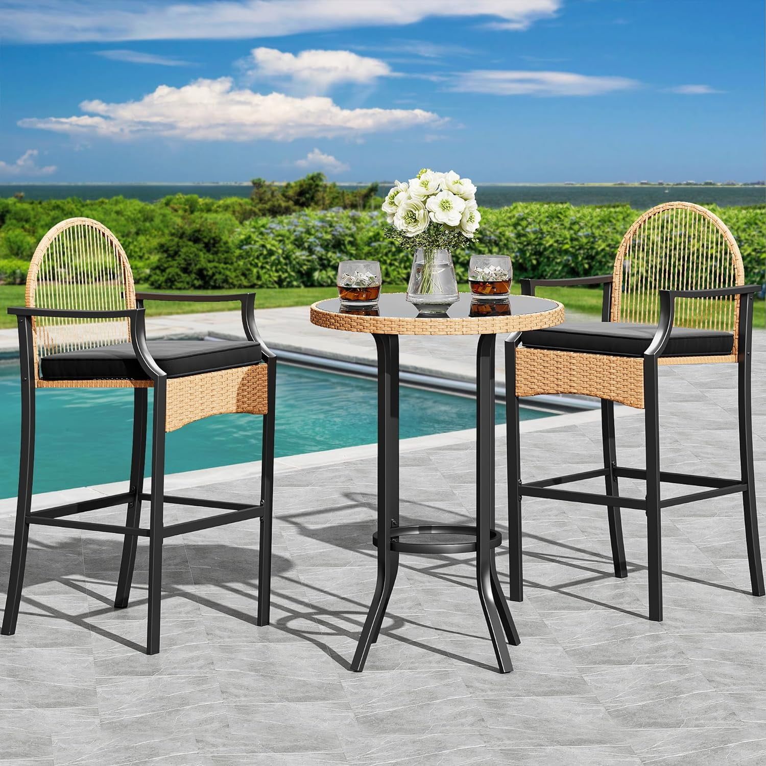 Patio Bar Table Set, Outdoor Wicker Bar Height Bistro With Soft ... regarding Beyond the Basics Understanding Lisa Wicker Barstool Materials and Design
