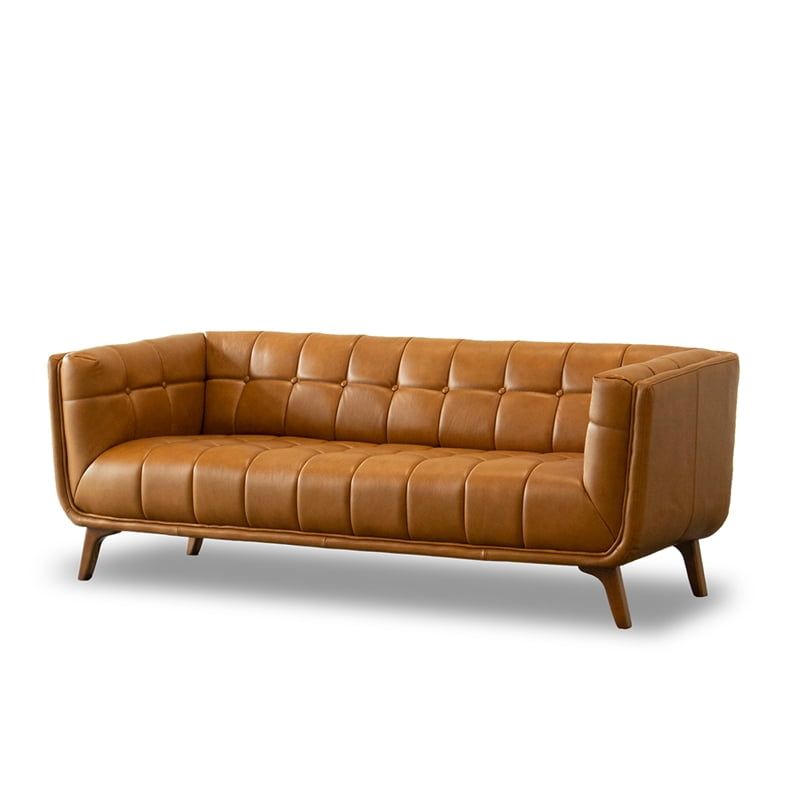 Pemberly Row Mid-Century Tufted Back Genuine Leather Sofa In Tan ... intended for Beyond the Surface Exploring the Craftsmanship of a 100.5"W Leather Sectional