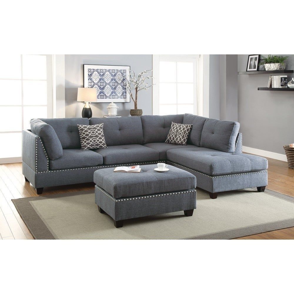Polyfiber 3 Pieces Sectional Set With Nail Head Trim In Blue Gray ... inside Unveiling the Comfort and Style of the Benzara BM168670 Sectional A Deep Dive