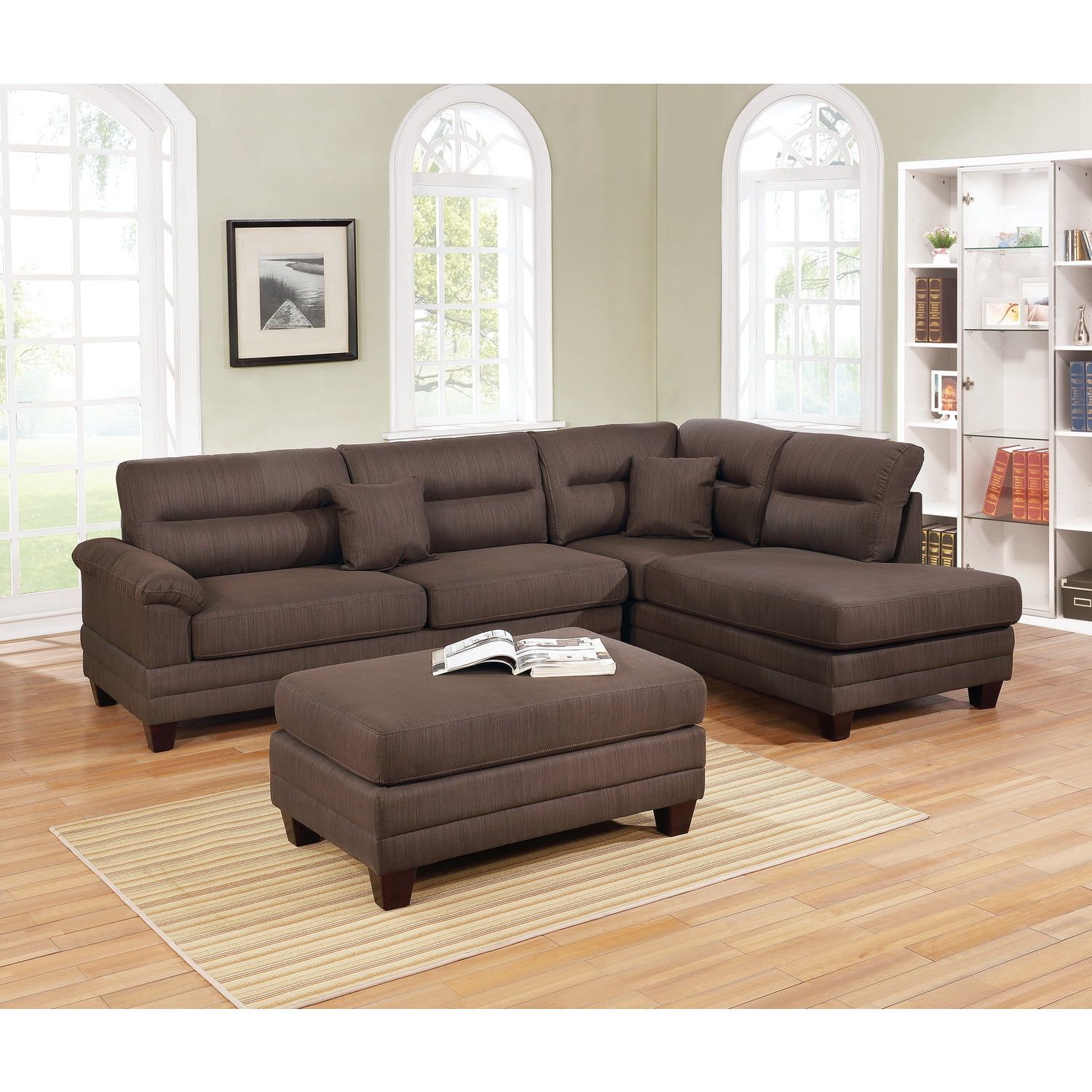 Poundex 3 Piece Fabric Sectional Sofa Set With Ottoman In Black Coffee ... regarding 3 Piece Fabric Sectional Sofa With Ottoman In Mocha