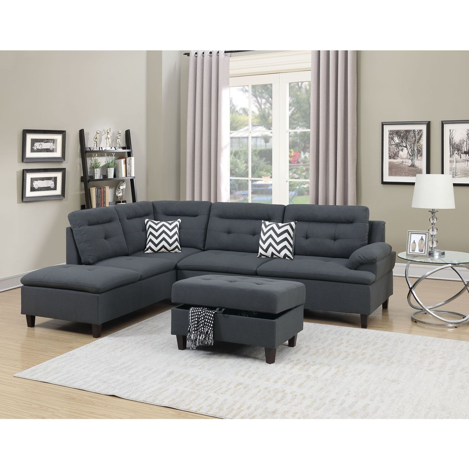 Poundex 3 Piece Fabric Sectional Sofa Set With Storage Ottoman In ... with 3 Piece Fabric Sectional Sofa With Ottoman In Mocha