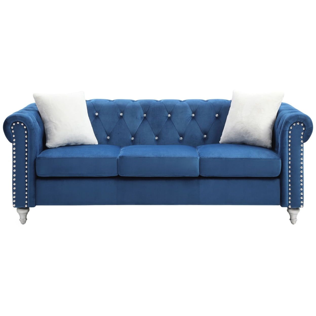 Raisa 83" Navy Blue Velvet 3-Seater Sofa With 2-Throw Pillow - Walmart.com with regard to Raisa 82 In. Velvet 3-Seater Sofa With 2-Throw Pillow, Gray