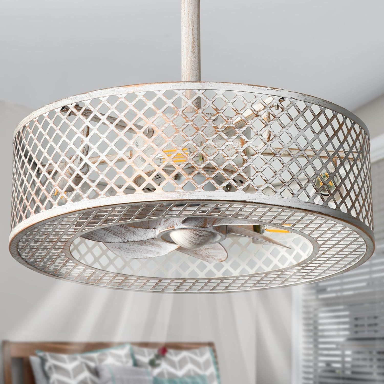 Redstar Retro White Fandelier Ceiling Fans With Lights, Small Cage ... for 24-Inch Farmhouse Rattan Caged Fandelier Ceiling Fan With Remote, Orb
