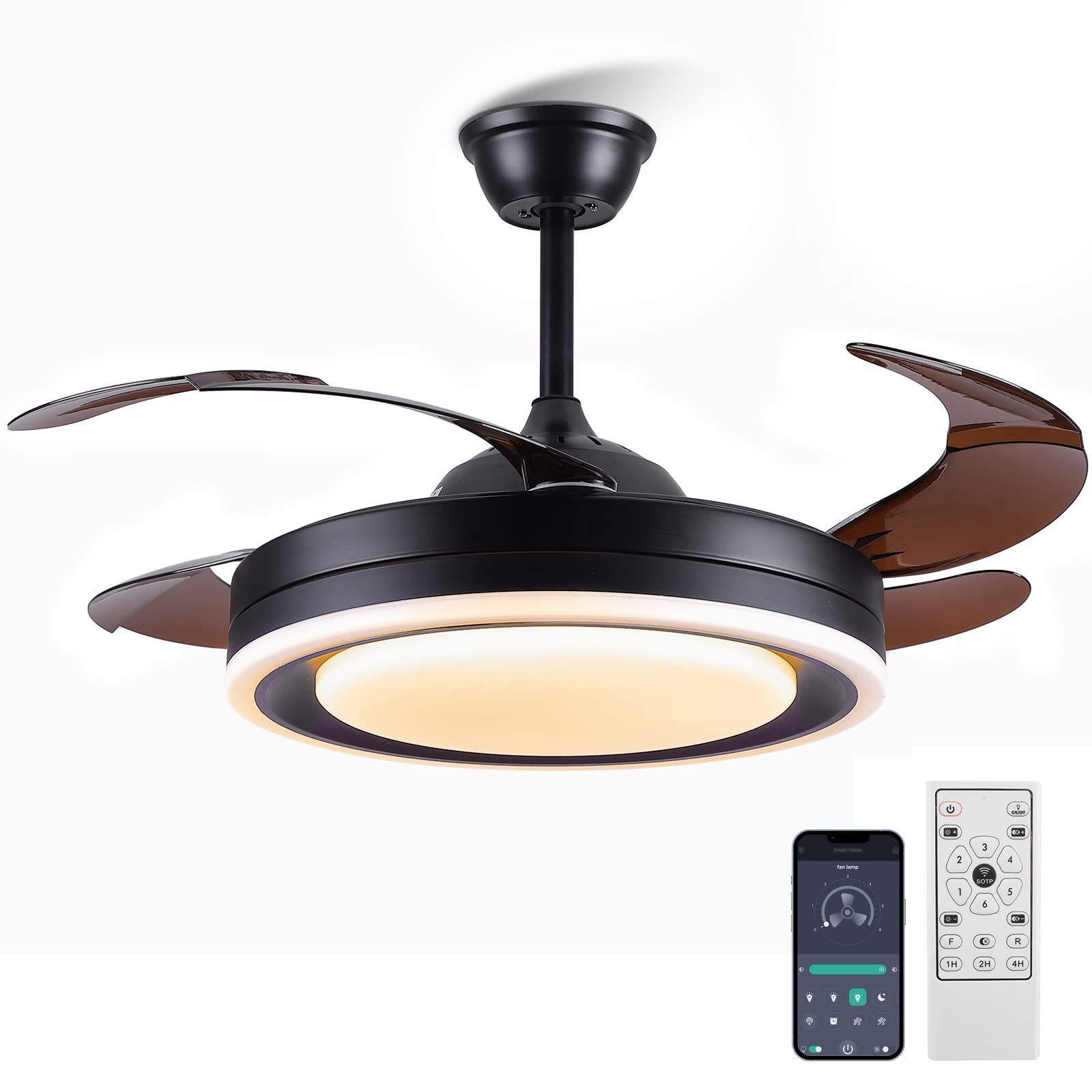 Retractable Ceiling Fans With Lights- 2023 Modern Ceiling Fans App Control And Remote Control ... in 41.73 In Modern Ceiling Fan With Retractable Blades And Remote Control