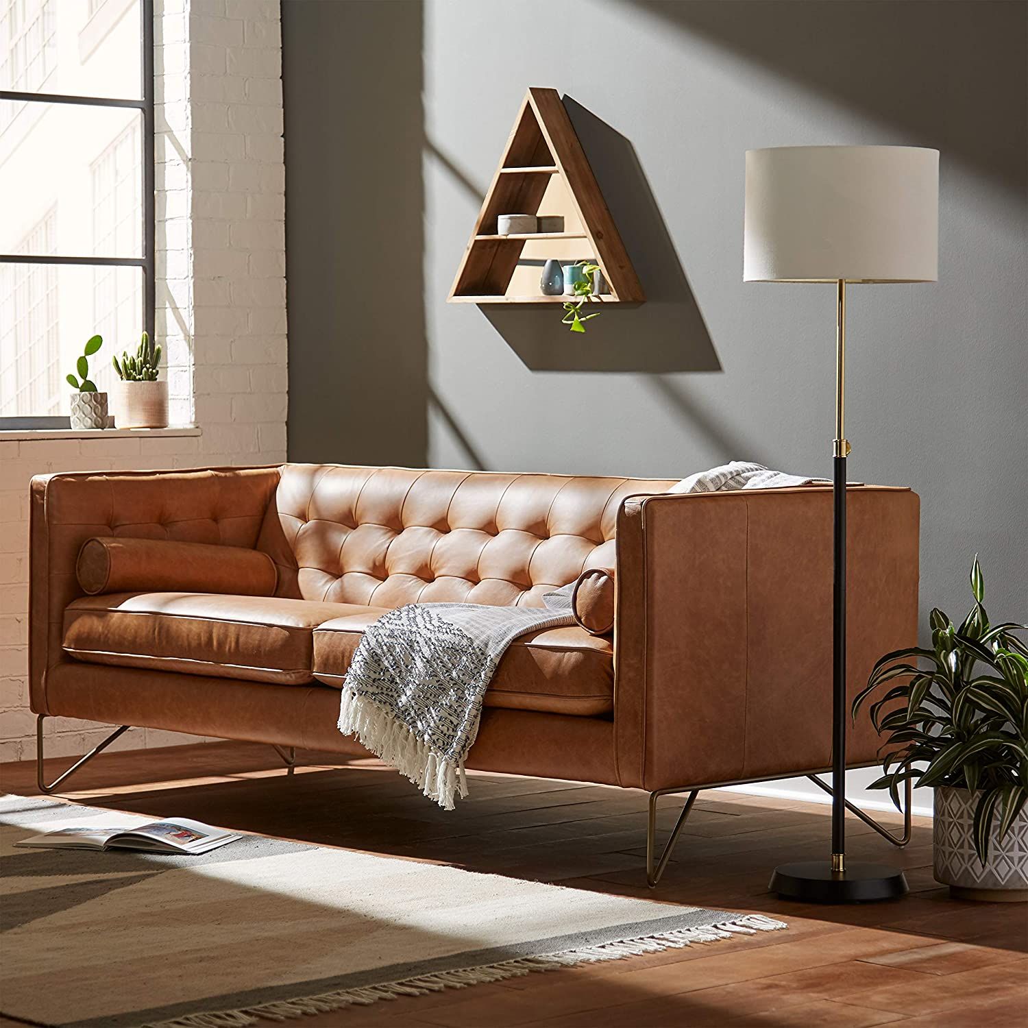 Rivet Brooke Mid-Century Modern Tufted Leather Sofa Couch - Kitchen50 intended for 100.5"W Mid-Century Style Genuine Leather Sectional Sofas, Camel