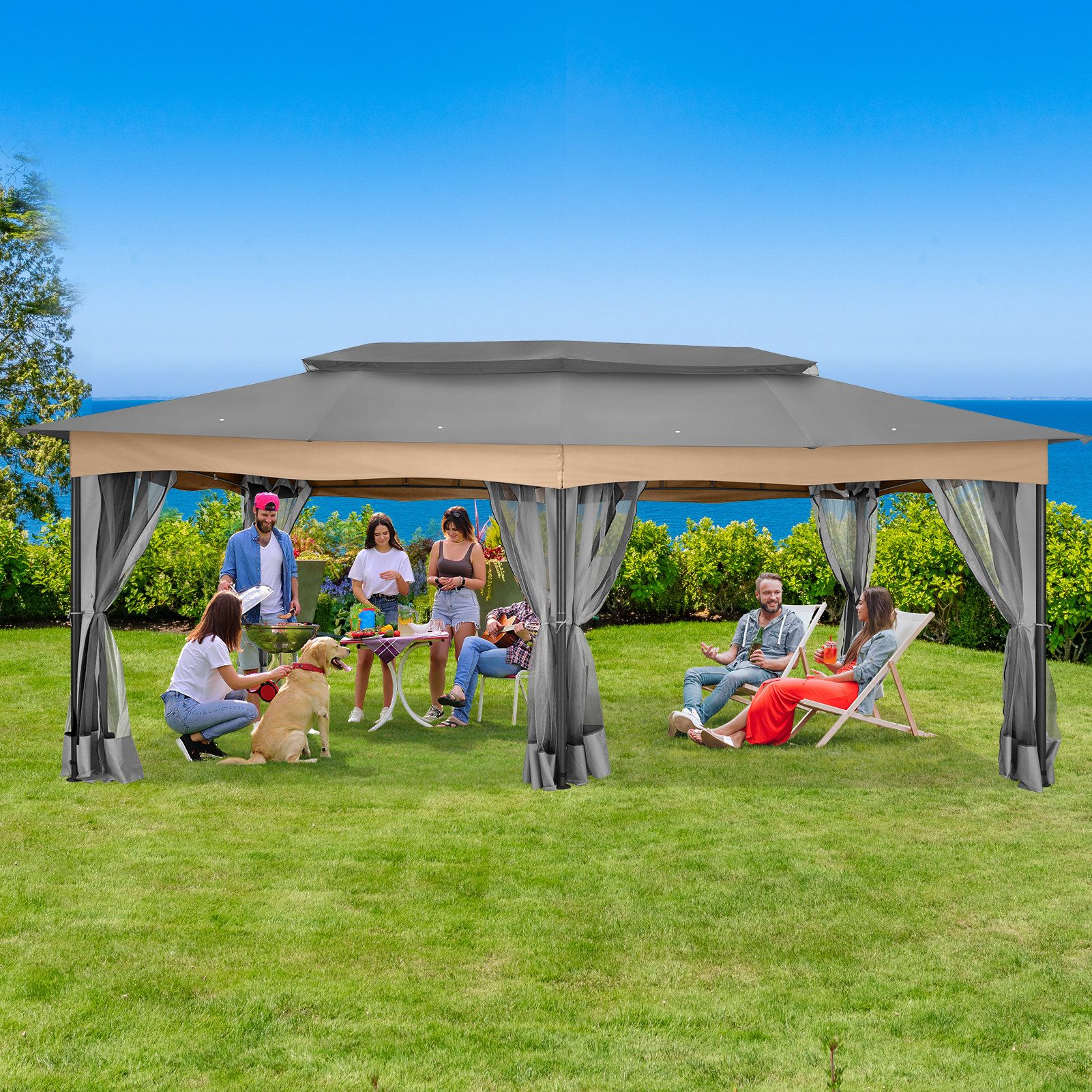 Sanopy 20 Ft. W X 12 Ft. D Metal Heavy Duty Gazebo With Netting Outdoor ... with regard to 20 Ft. W X 12 Ft. D Steel Patio Gazebo