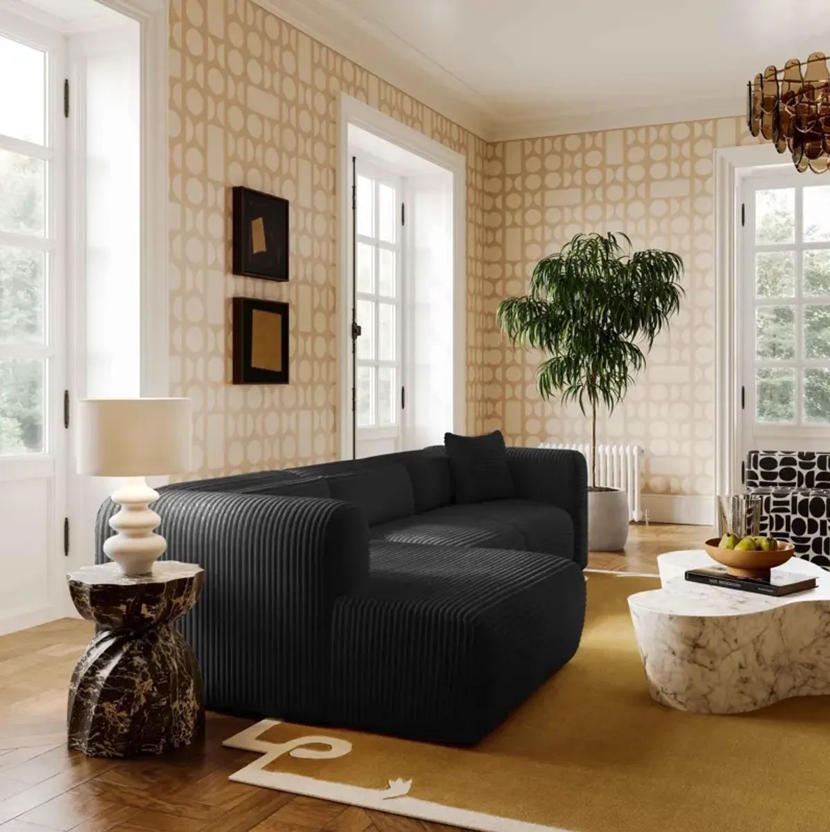 Sectional Sofas & Couches | Furniture.com in Tarra Fluffy Oversized Black Corduroy Modular Raf Sectional