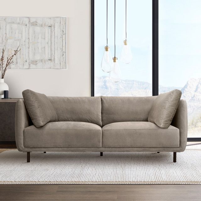 Serenity 79&quot; Fossil Gray Velvet Sofa With Black Metal Legs - Midcentury ... throughout Annabelle 80&quot; Fossil Gray Velvet Sofa With Black Wood Legs