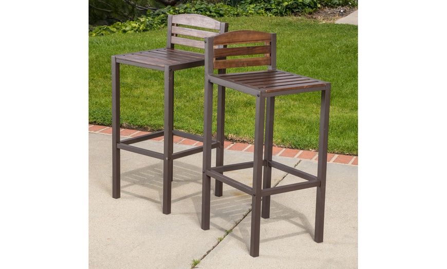 Shayna Outdoor Acacia Wood Bar Stool Set (2-Pack) | Groupon within Santana Outdoor Acacia Wood Barstools With Outdoor Mesh, Set Of 2