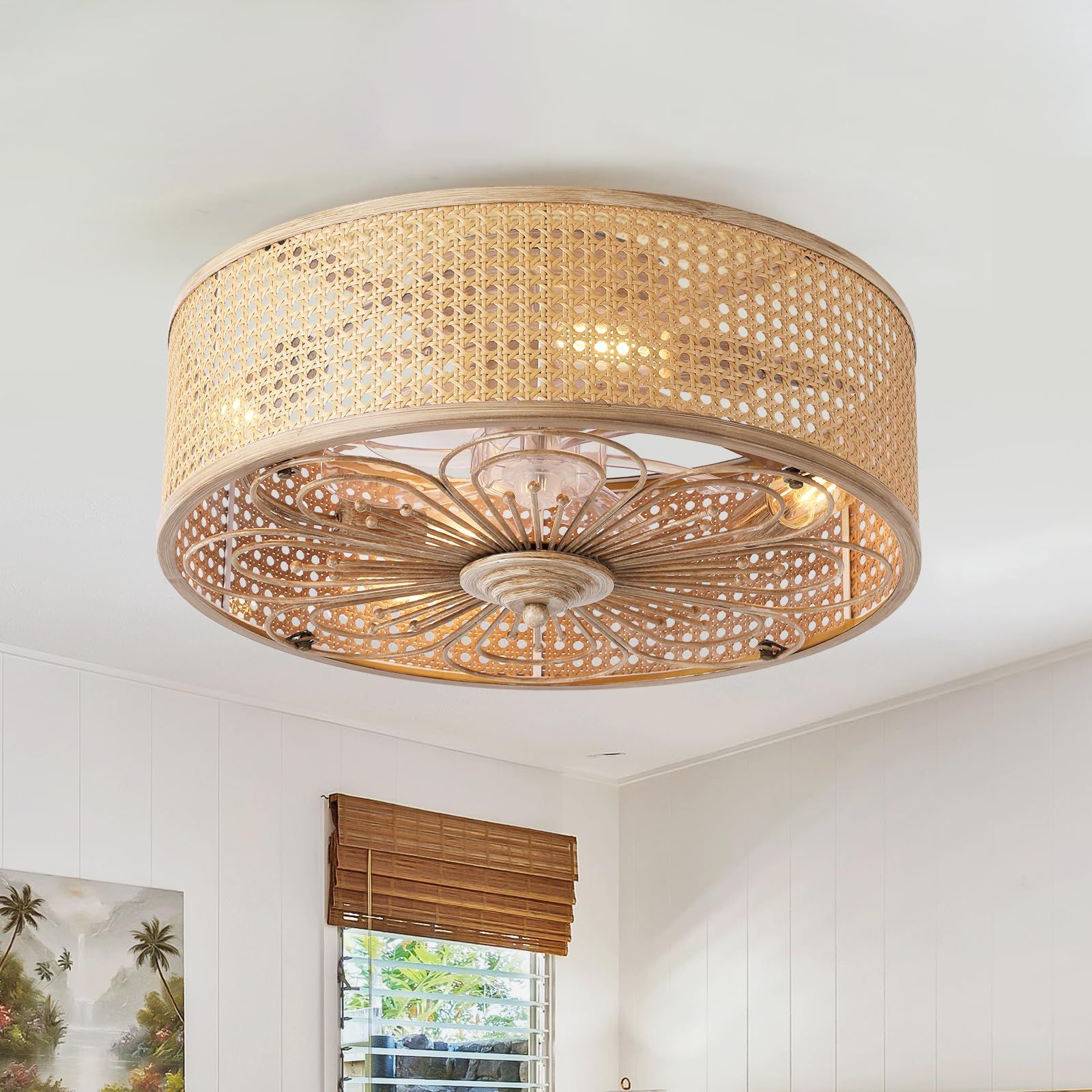 Shihot Boho Caged Ceiling Fan With Light Flush Mount, 20 Inch Farmhouse ... pertaining to 24-Inch Farmhouse Rattan Caged Fandelier Ceiling Fan With Remote, Orb