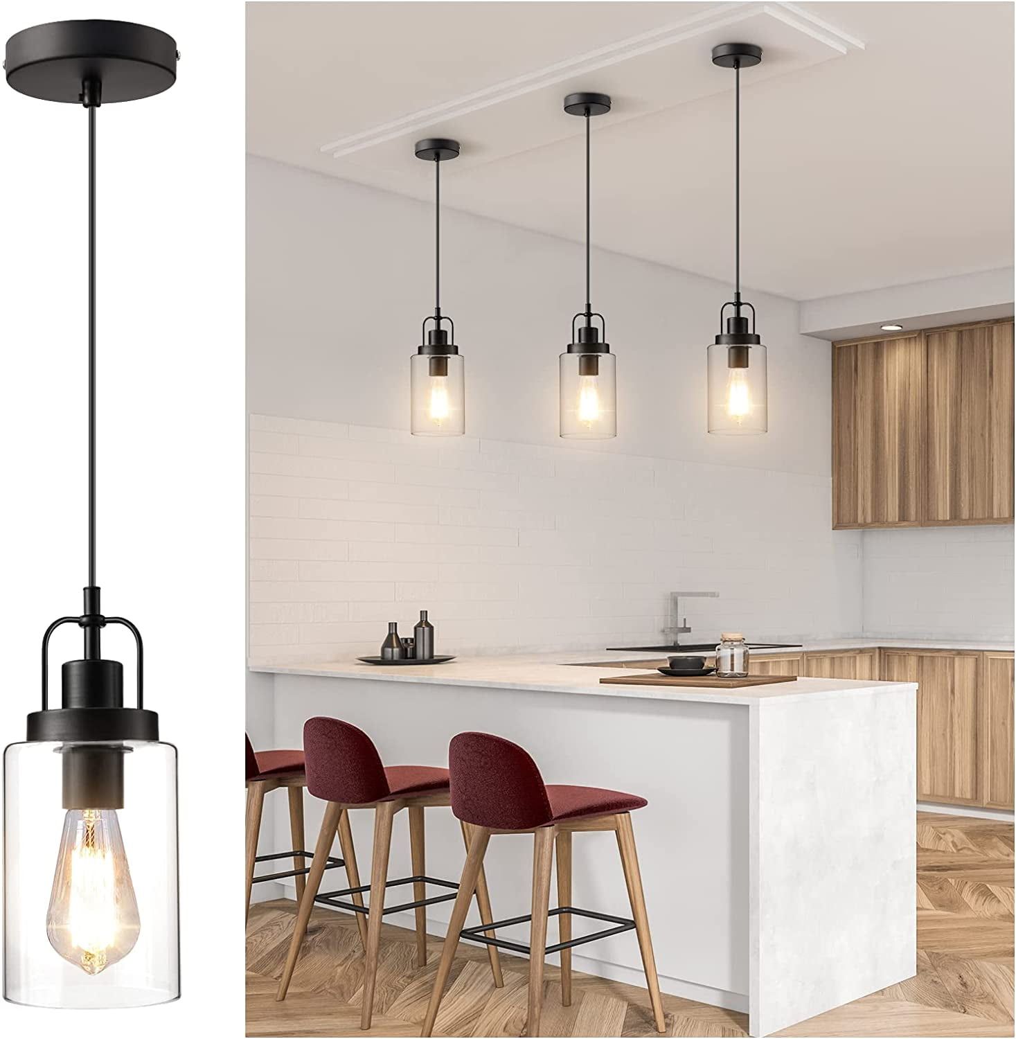 Small Pendant Lights Over Kitchen Island | Shelly Lighting inside Pembroke 3-Light 21.5" Matte Black Outdoor Pendant, Mocha Rattan Accents