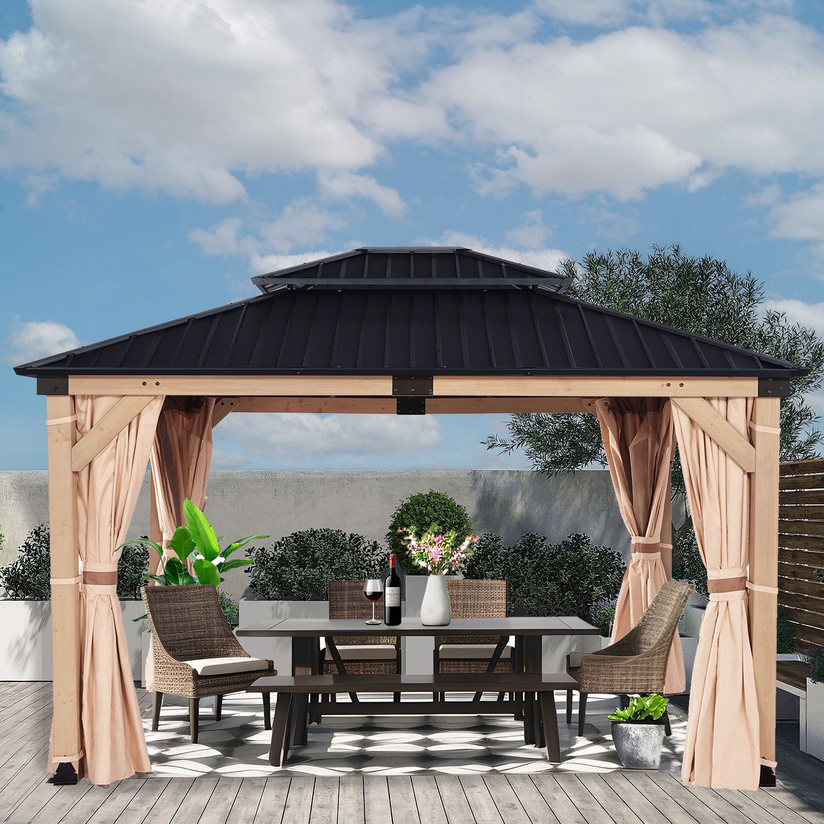 Starecho 13 Ft. W X 11 Ft. D Solid Wood Patio Gazebo With Curtain And ... inside 13 Ft. W X 11 Ft. D Solid Wood Outdoor Hard Top Patio Gazebo With Mosquito Netting