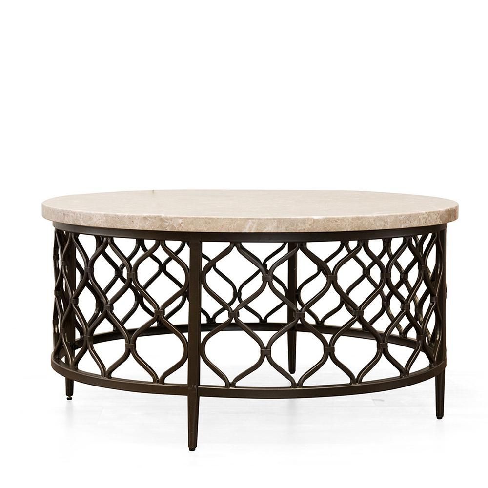 Steve Silver Roland 36 In. Cream/Bronze Faux Marble Top Round Coffee ... with regard to Silver Sands Round Cocktail Tables A Look at Different Materials and Finishes