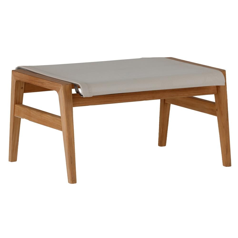 Summer Classics Coast Teak Sling Canvas Outdoor Ottoman | Kathy Kuo Home intended for Coastal Teak Dining Bench In Canvas Canvas, No Welt