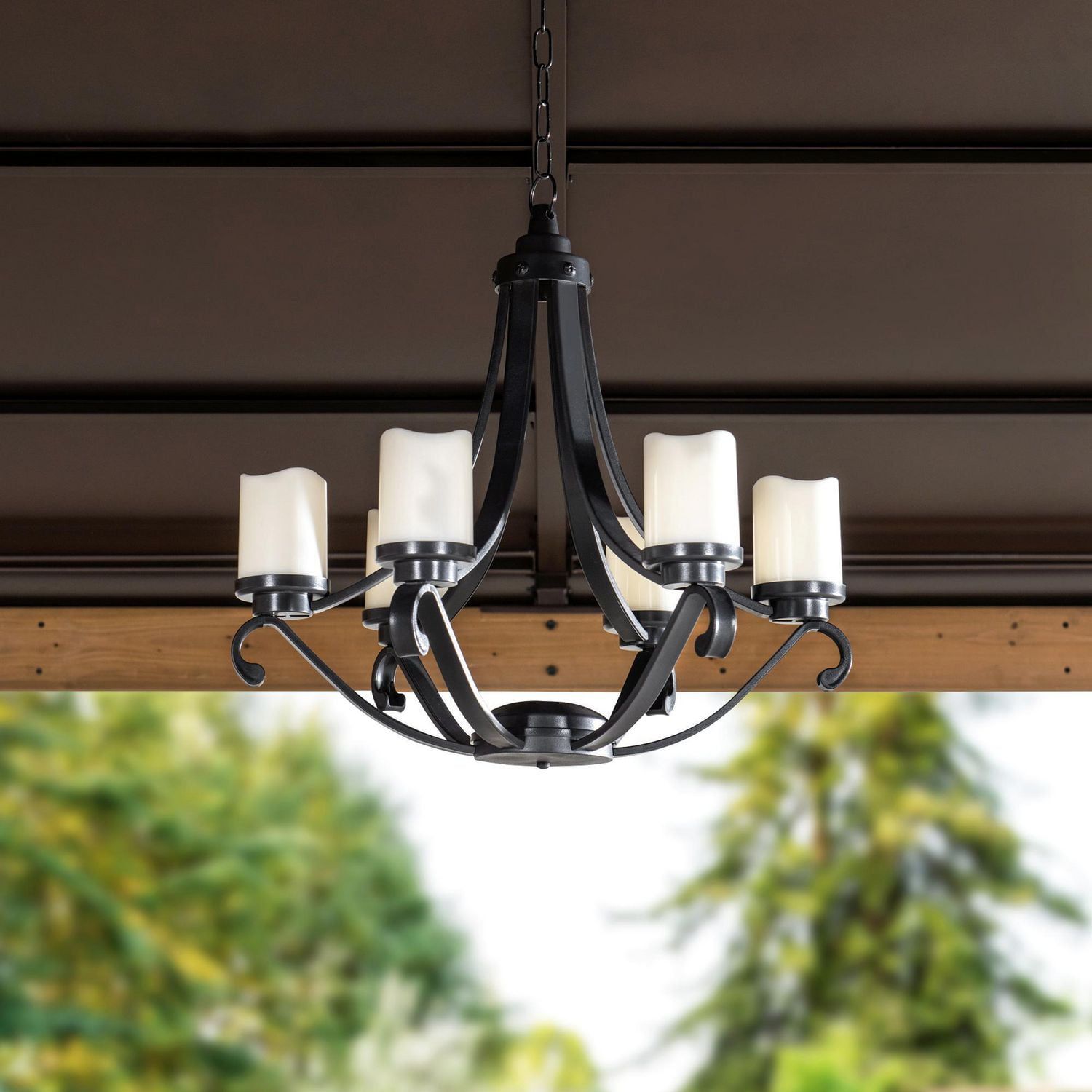 Sunjoy Traditional Outdoor Battery Powered Six-Light Led Chandelier ... pertaining to Outdoor Linear Chandelier 6-Light, Architectural Bronze