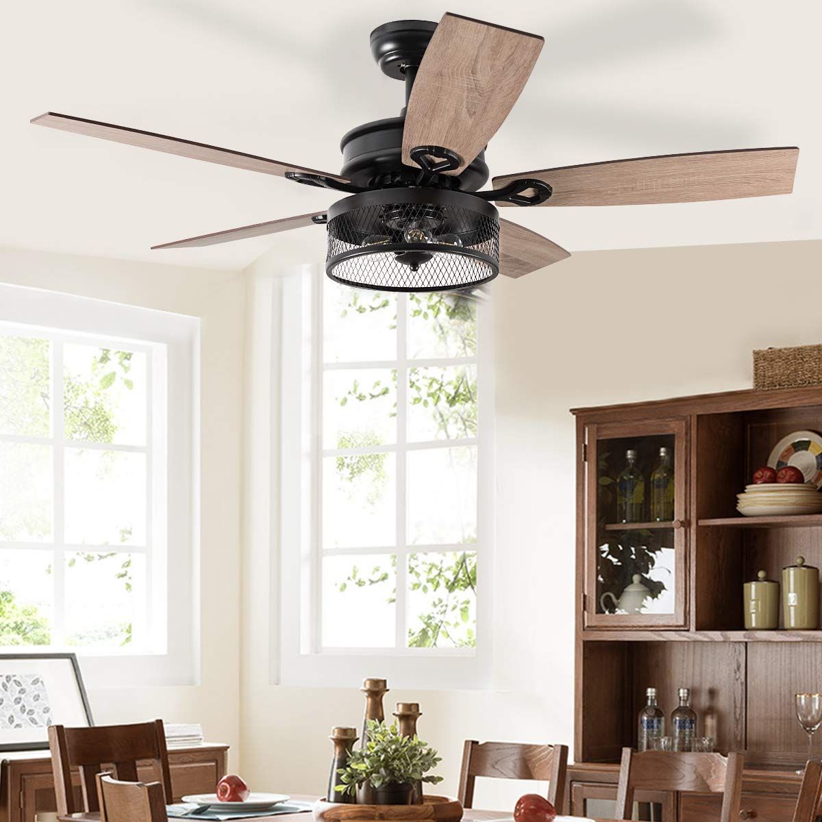 Tangkula Farmhouse Ceiling Fan With Light, Rustic Led Ceiling Fan With ... pertaining to Farmhouse Wood Metal Caged Ceiling Fan Reversible With Light And Remote Control, Bronze